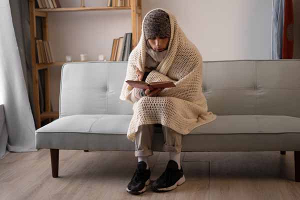 image of a homeowner feeling chilly due to boiler heating problems