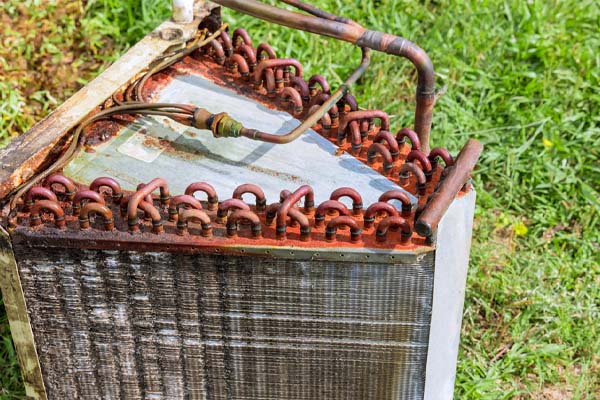 image of a rusted condenser coil from an old heat pump unit